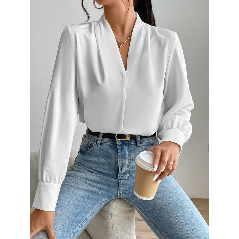 Long sleeve draped v neck Solid Bishop Sleeve Blouse brown - Picture 8 of 8